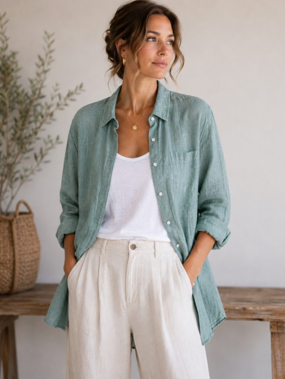 100% Linen Sage Green Coldwater Creek Lagenlook Tunic Button Down Size Large